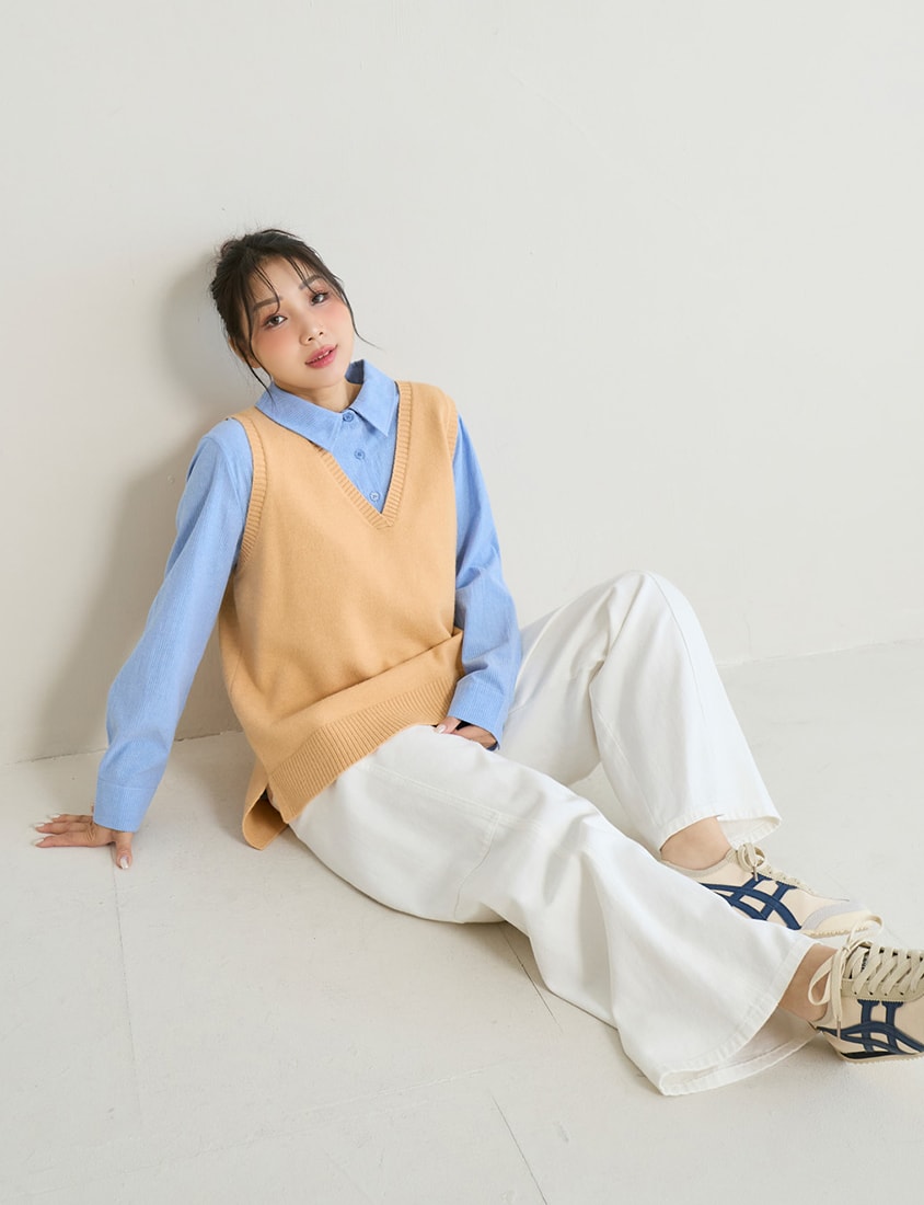 Versatile Multicolor V-Neck Mid-Length Plus Size Knit Vest