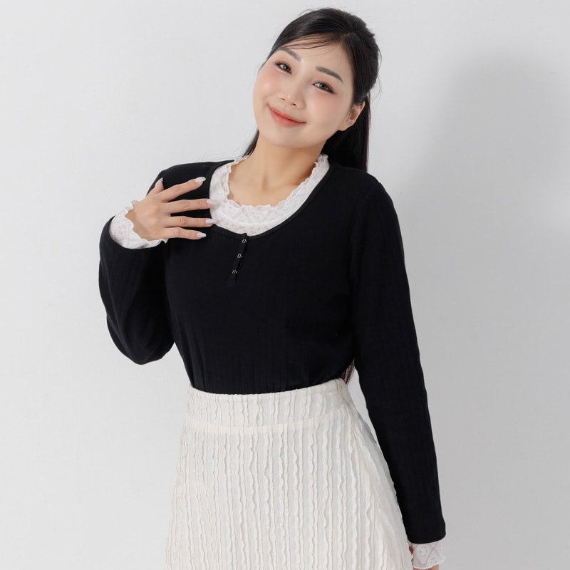 Jacquard Ribbed Button-Front Plus Size Crewneck Top