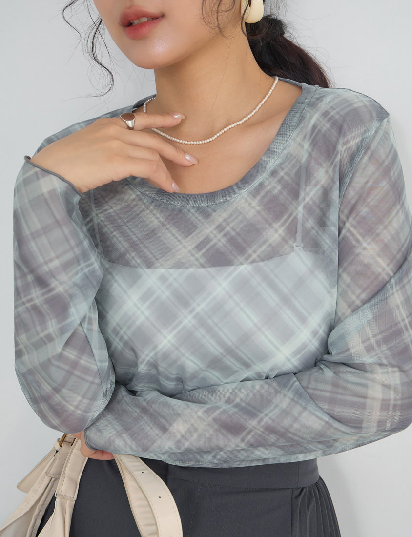 MISS. Vintage Sheer Checkered Plus Size Long Sleeve Top
