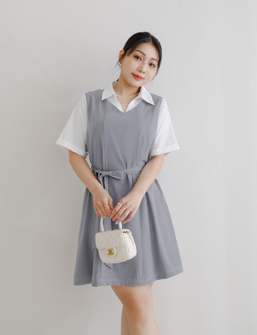 MISS. Faux Two-Piece Color-Block Stitching Plus Size Mini Dress (With Belt)