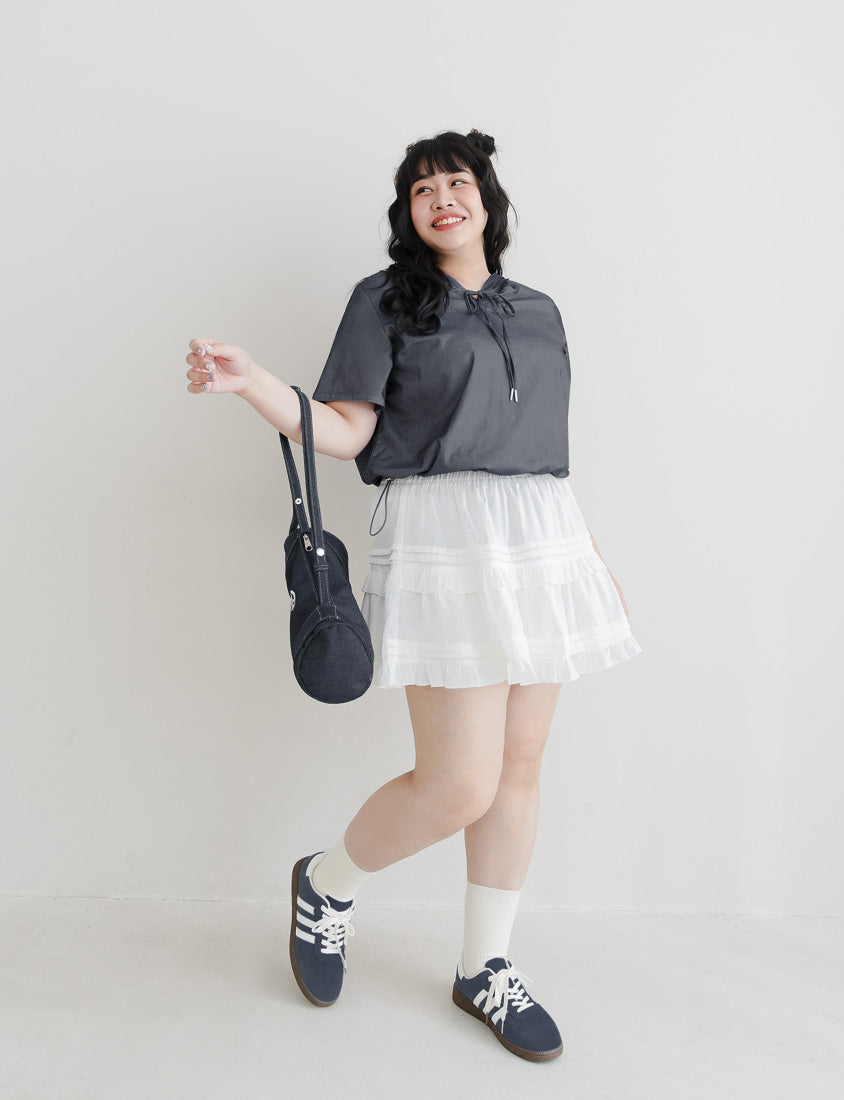 Faux Denim Hoodie Tie-Front Plus Size Short Sleeve Top