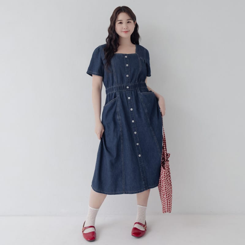 Square Neck Faux Button Elastic Waist Plus Size Denim Maxi Dress