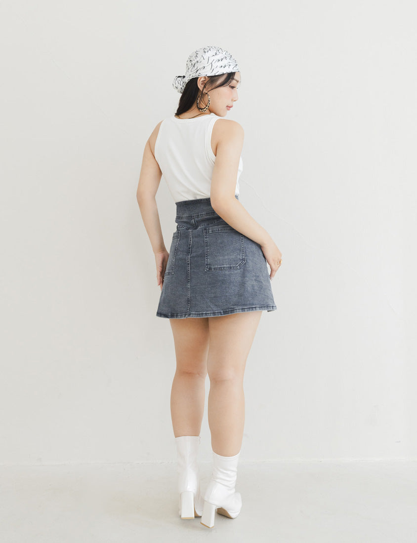 MUA! Ultra Stretch High Waist Washed Denim Plus Size Mini Skirt (With Pants)
