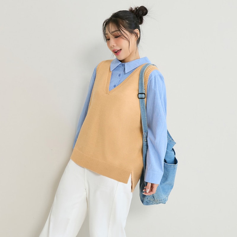 Versatile Multicolor V-Neck Mid-Length Plus Size Knit Vest