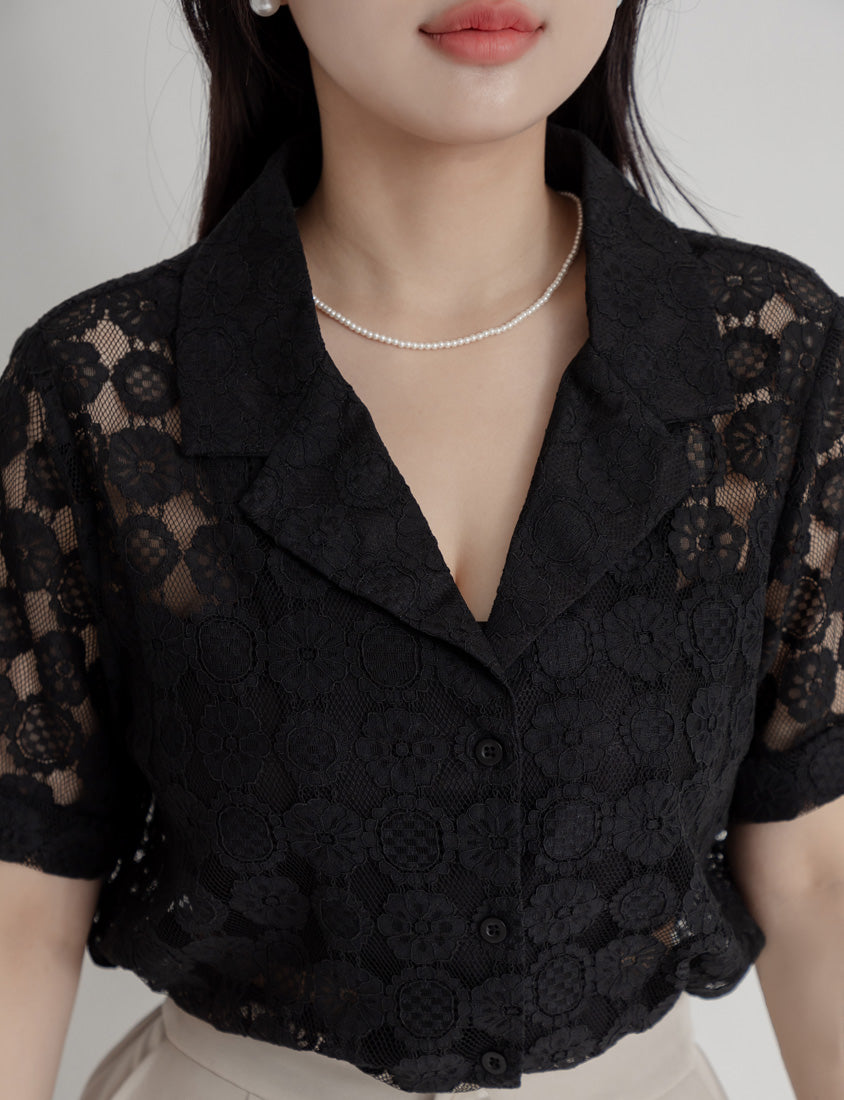 MISS. Cuban Collar Lace Eyelet Plus Size Shirt