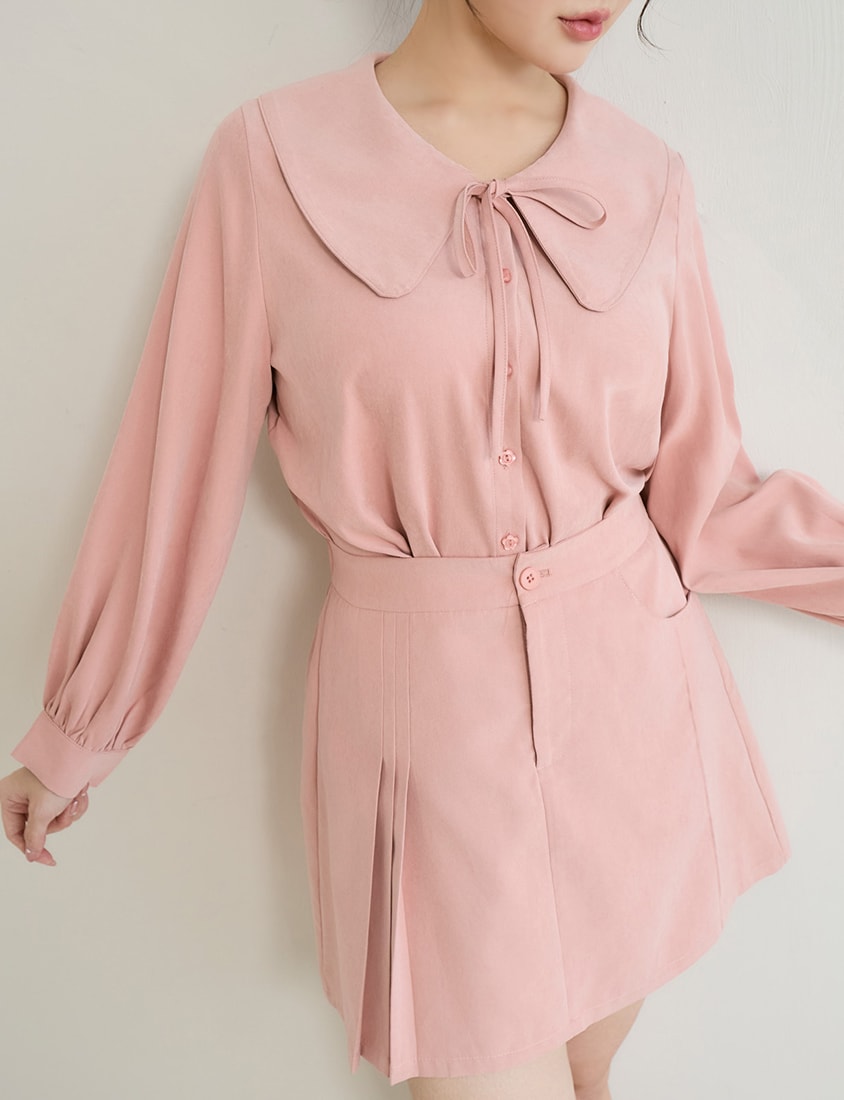 Sweet Multicolor Collar Tie Puff Sleeve Plus Size Shirt