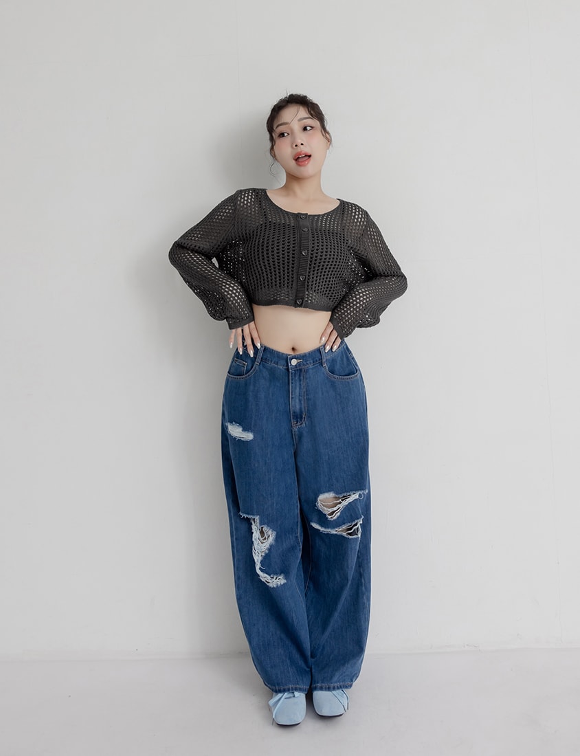 Knit Eyelet Hollow Faux Button Plus Size Top