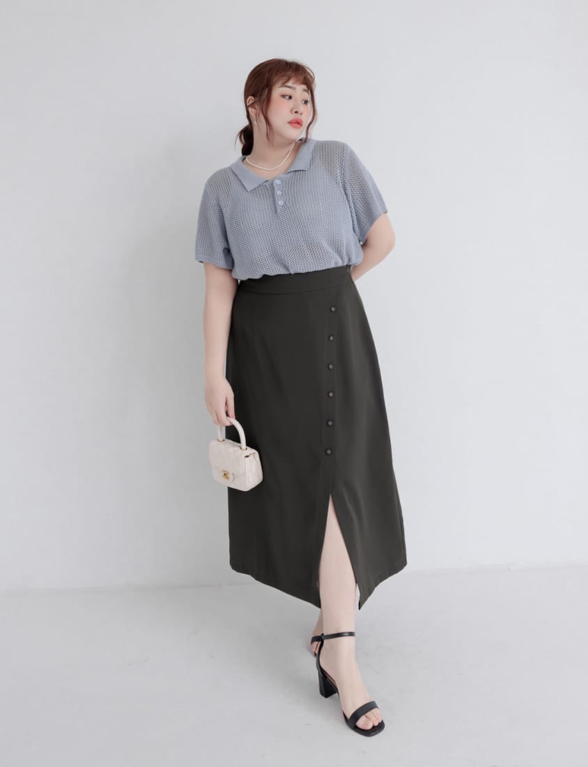 MISS. Polo Collar Knitted Hollow Plus Size Top