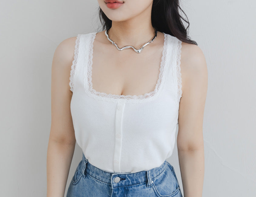 MUA! Lace Square Neck Faux Button Plus Size Sleeveless Top