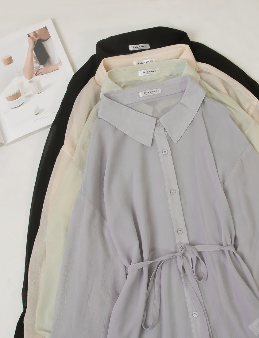 Flowy Crinkled Sheer Plus Size Blouse (With Tie)
