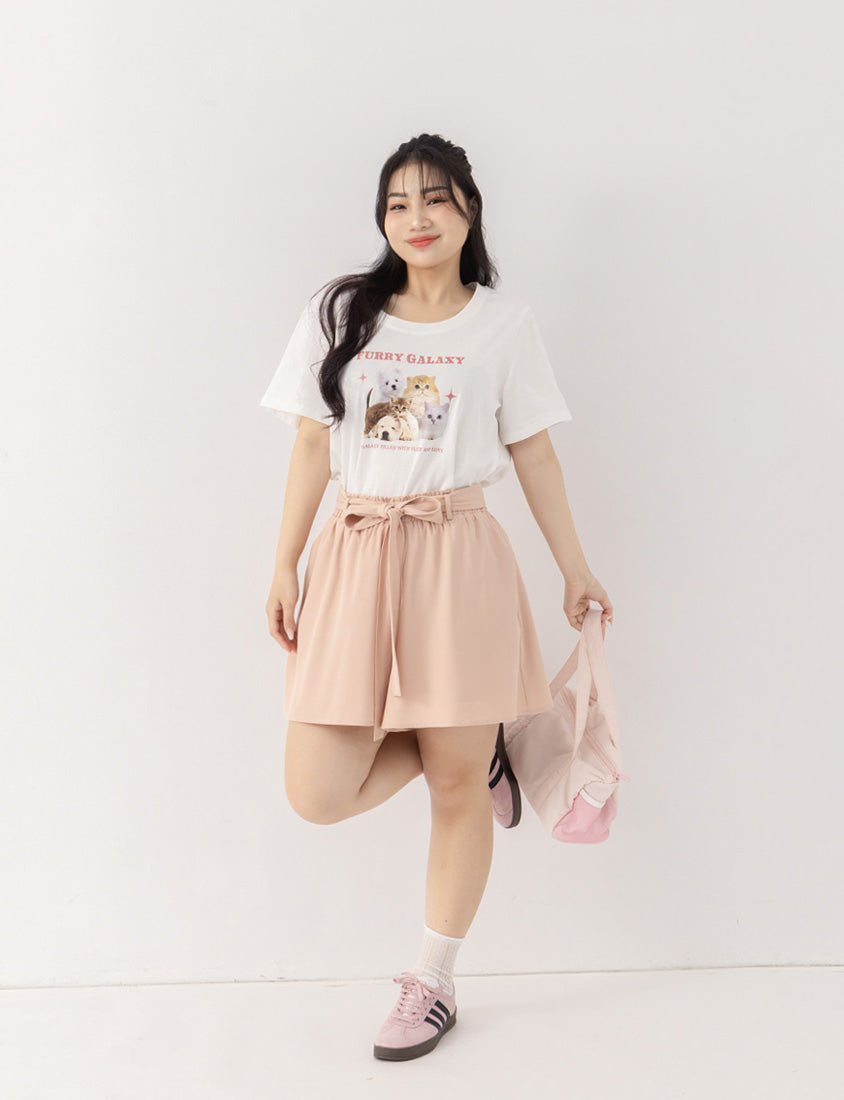 Floral Ruffled Elastic Waist Flowy Plus Size Mini Skort  (With Waist Tie)