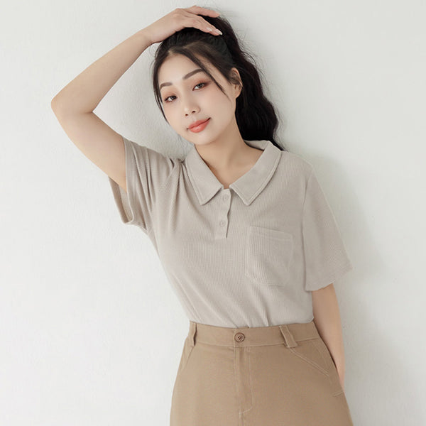 Skin-Friendly Waffle Knit Polo Plus Size Top