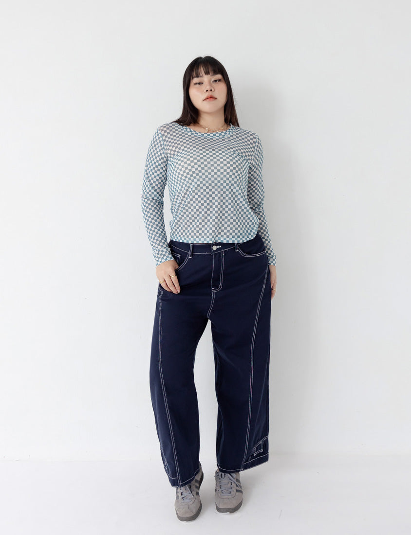 MUA! Sexy Checkered Mesh Long Sleeve Plus Size Top