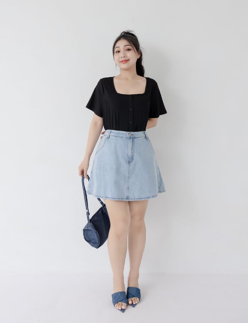 Multi-Color Ribbed Square Neck Faux Button Plus Size Top
