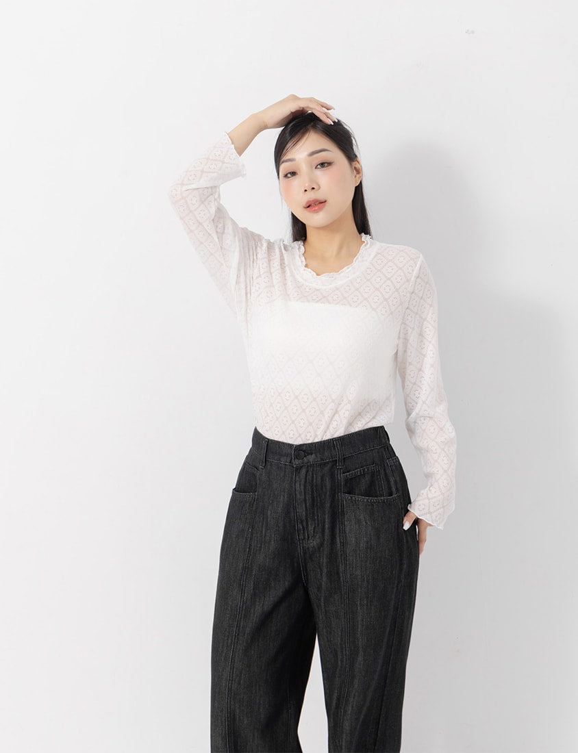 Double-Collar Diamond Lace with Lettuce Edge Plus Size Sheer Top