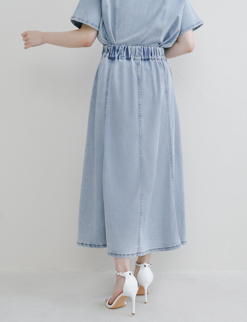 Lyocell Silky Denim Elastic Back Flare Plus Size Maxi Skirt