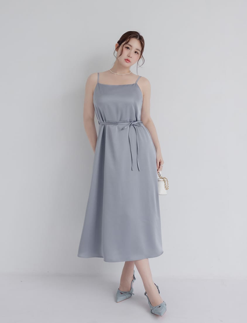 MISS. Satin A-Line Adjustable Strap Plus Size Cami Dress (with Waist Tie)