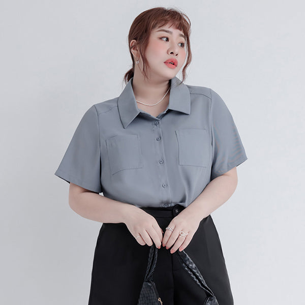 MISS. Drop Shoulder Stitching Double Pocket Plus Size Short Sleeve Shirt