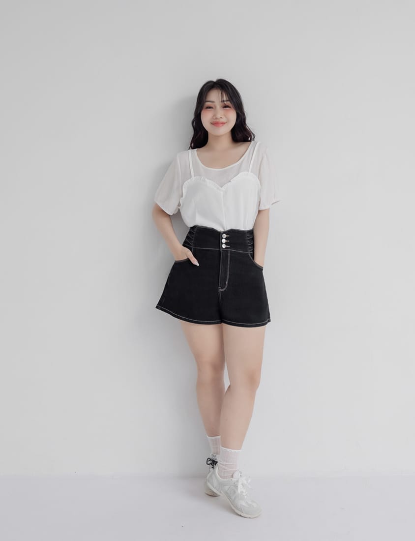 Cross Waist Tummy Flattering Plus Size Denim Shorts