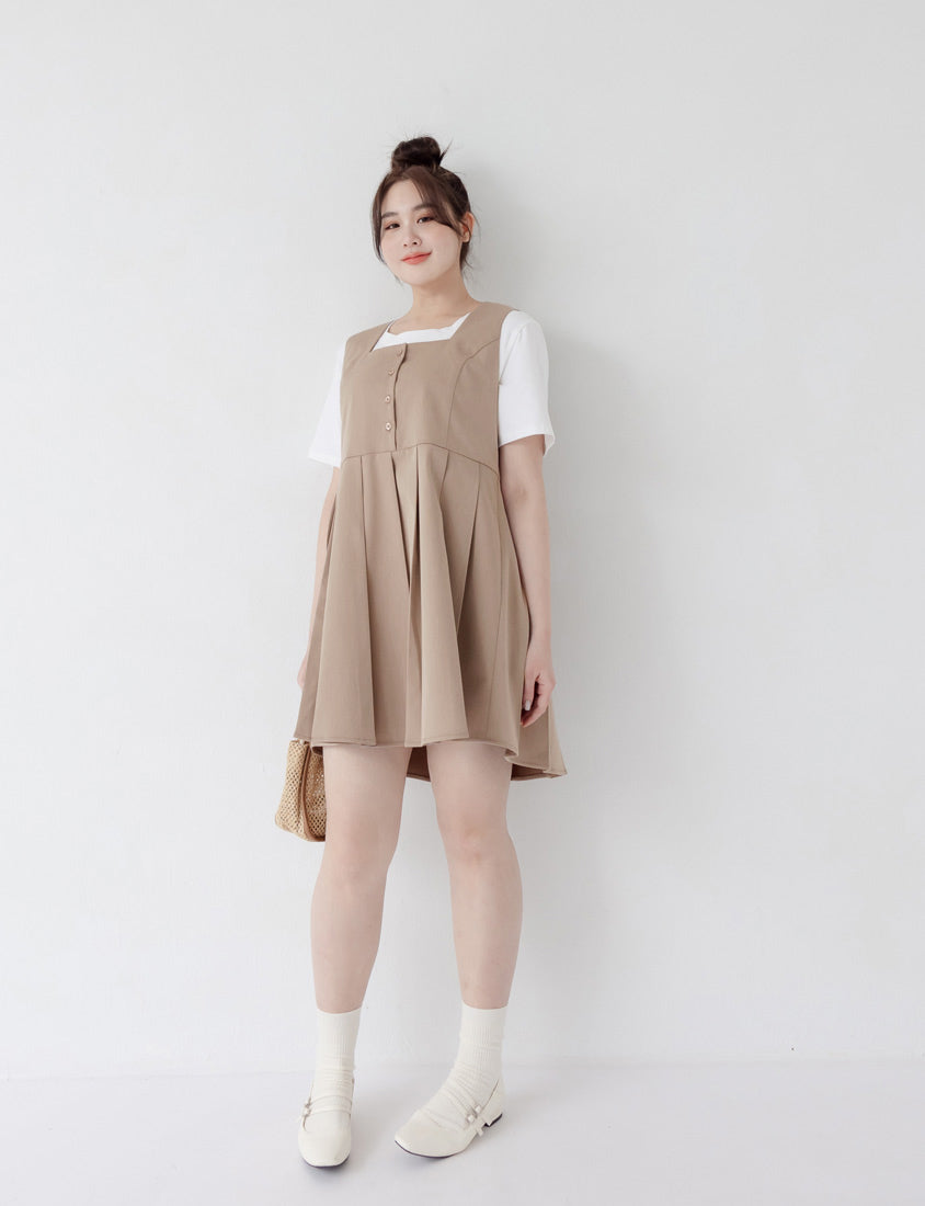Square Neck Button Pleated Plus Size Mini Dress