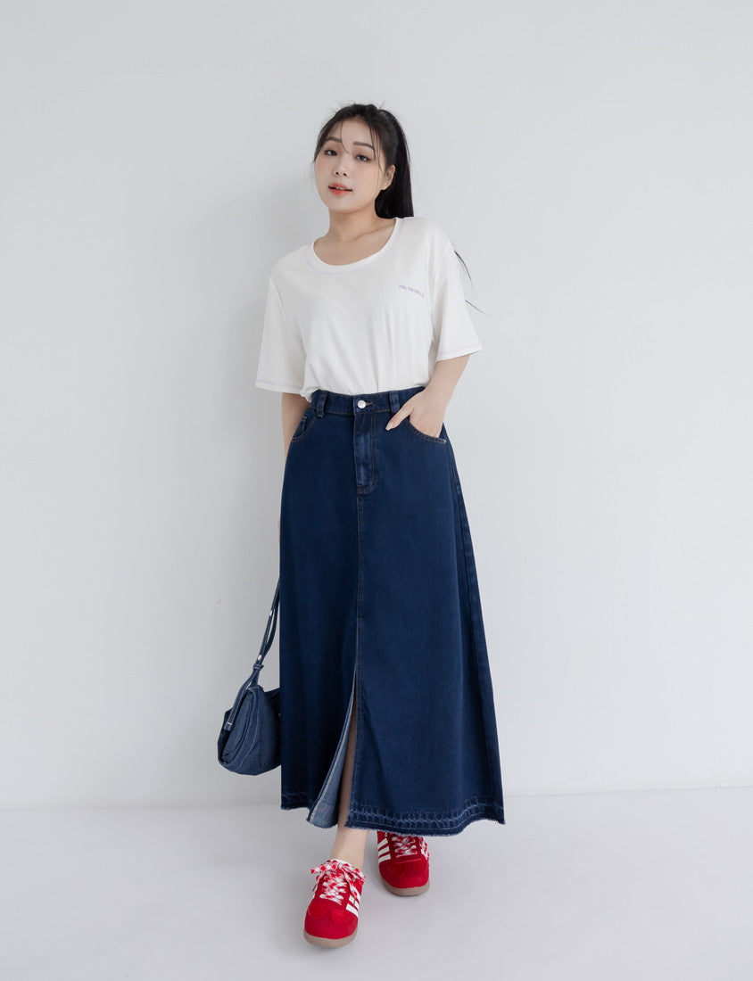 Lyocell Cooling Slit Plus Size Denim Maxi Skirt