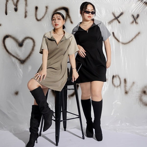 MUA! Space Cotton Color-Block Stand Collar Plus Size Short Sleeve Mini Dress