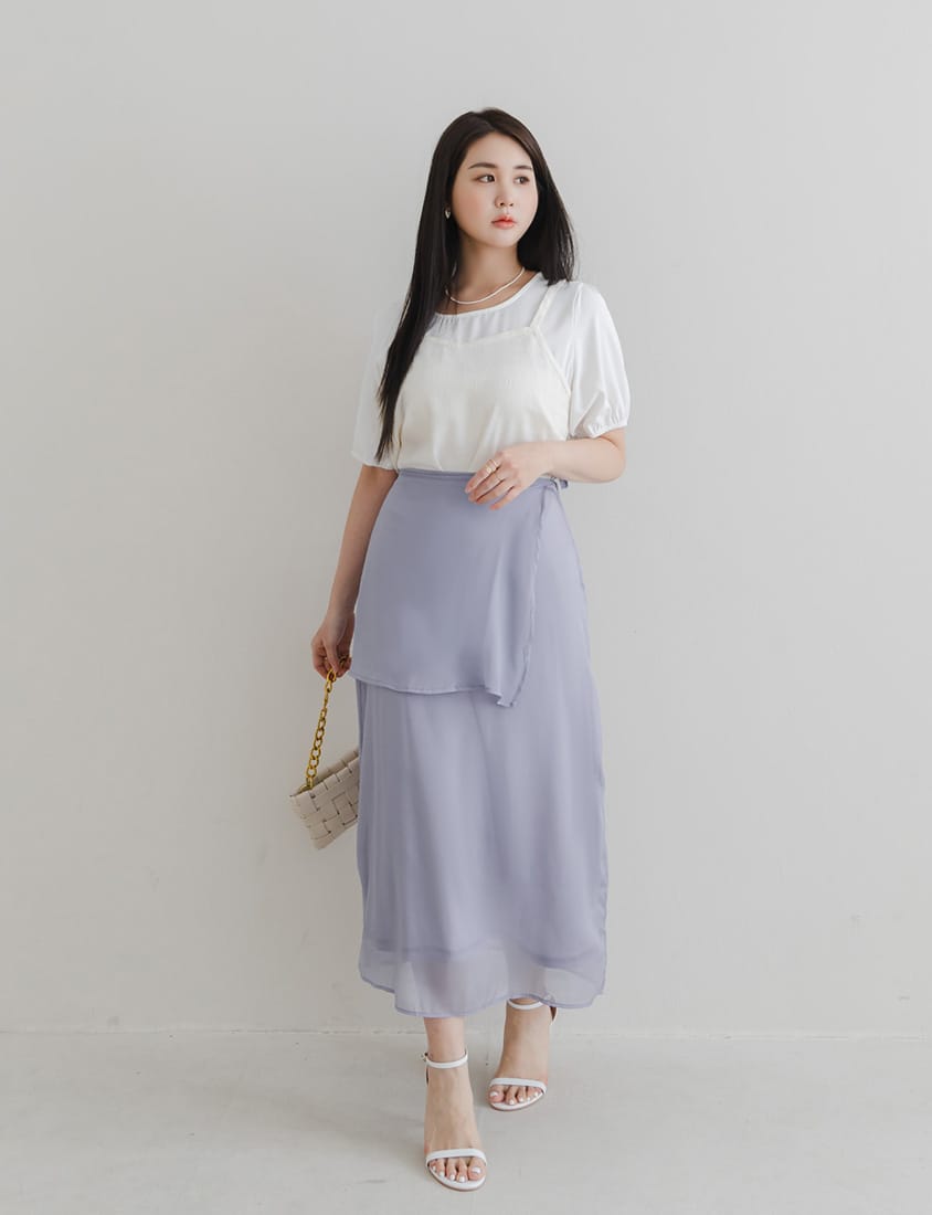 MISS. Faux Two-Piece Textured Puff Sleeve Top
