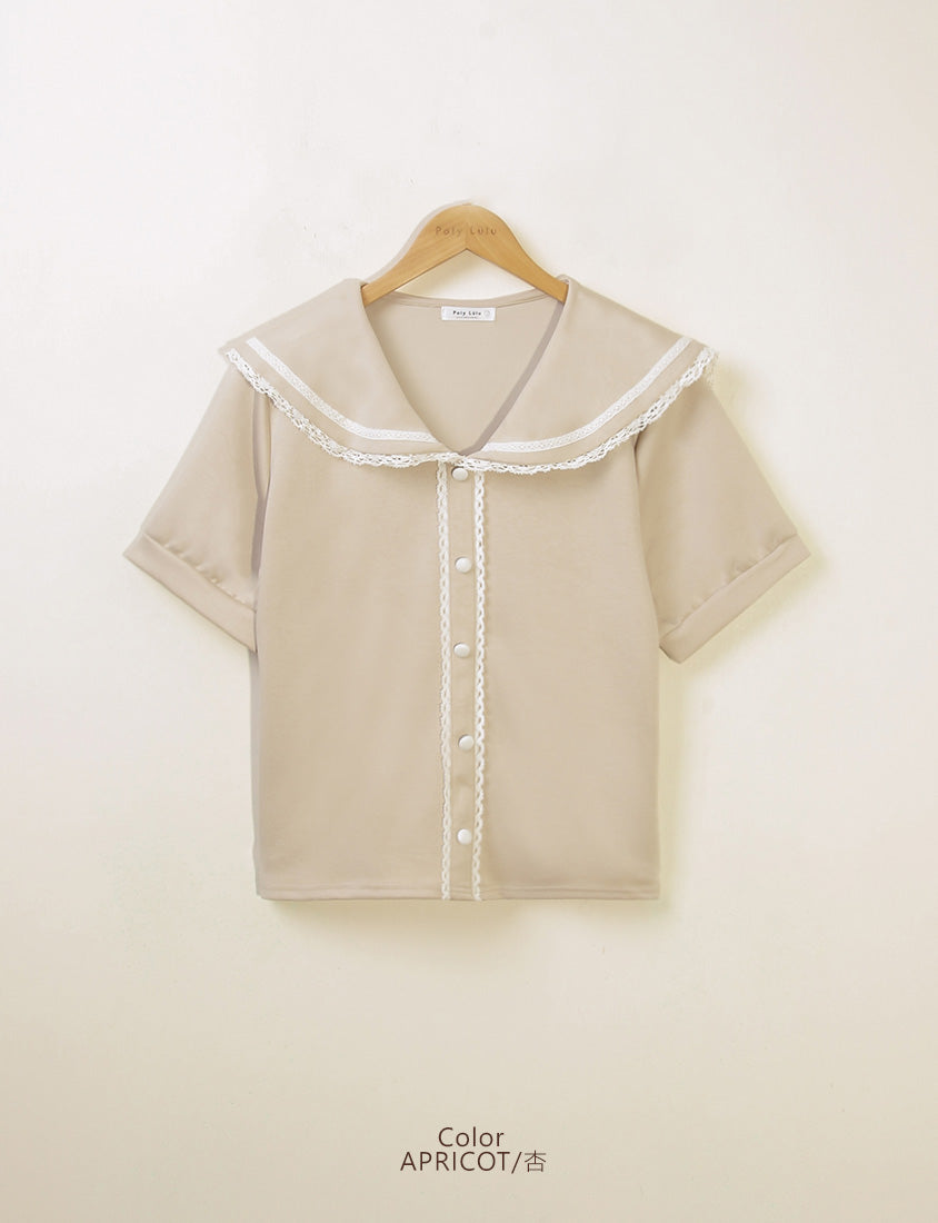 Space Cotton Sailor Collar Plus Size Lace Top
