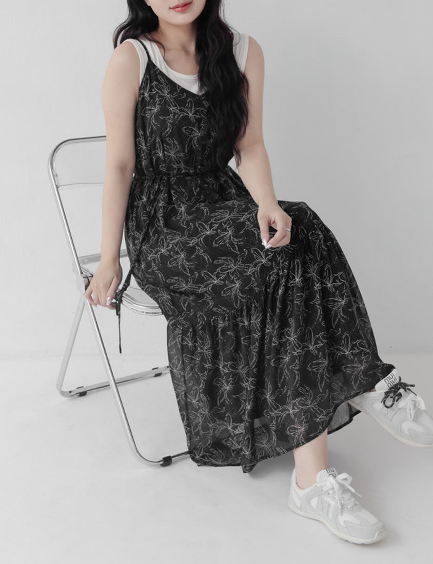 Adjustable Hand-Painted Floral Cami Dress (with Waist Tie)