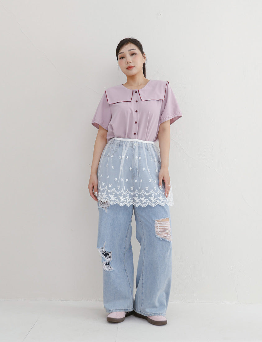 Sweet Contrast Lapel Collar Plus Size Shirt