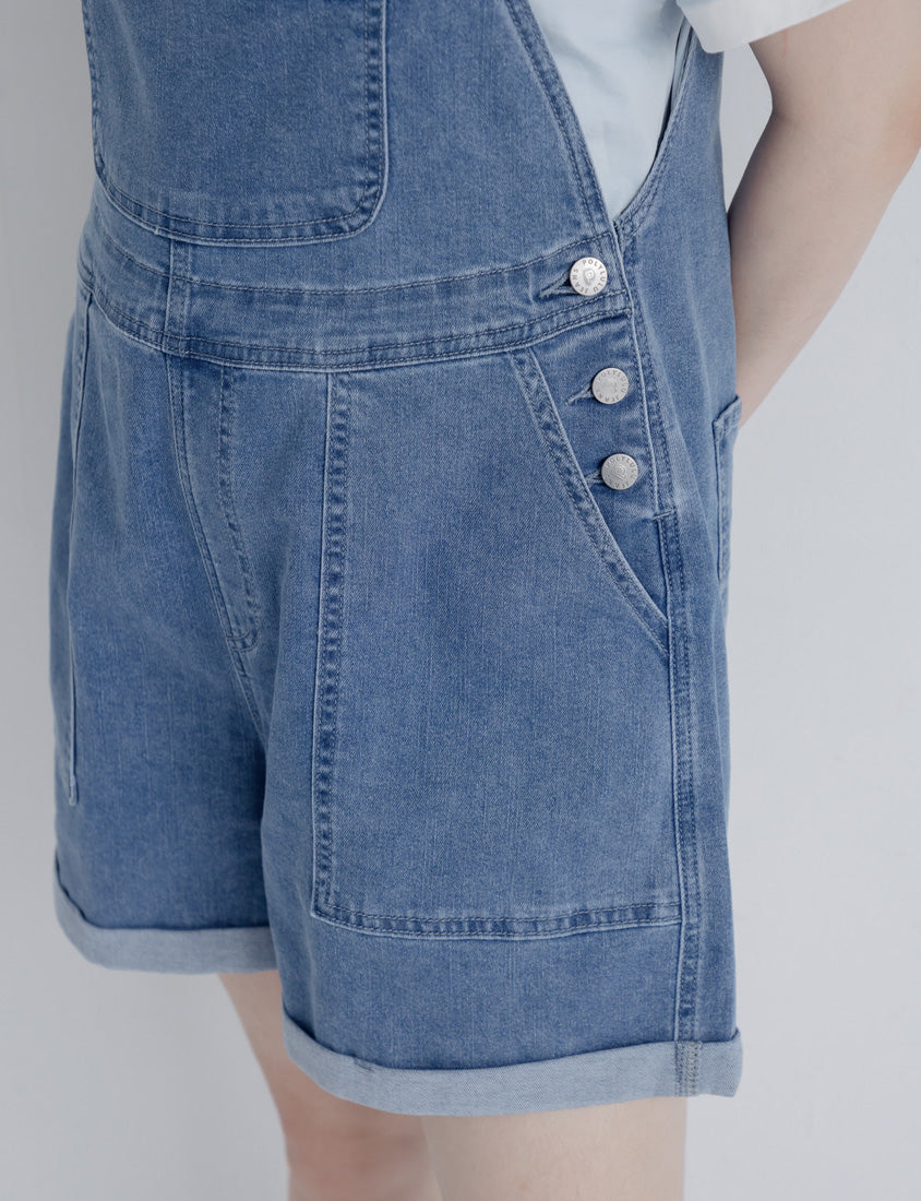 Adjustable Cuffed Denim Plus Size Overall Shorts