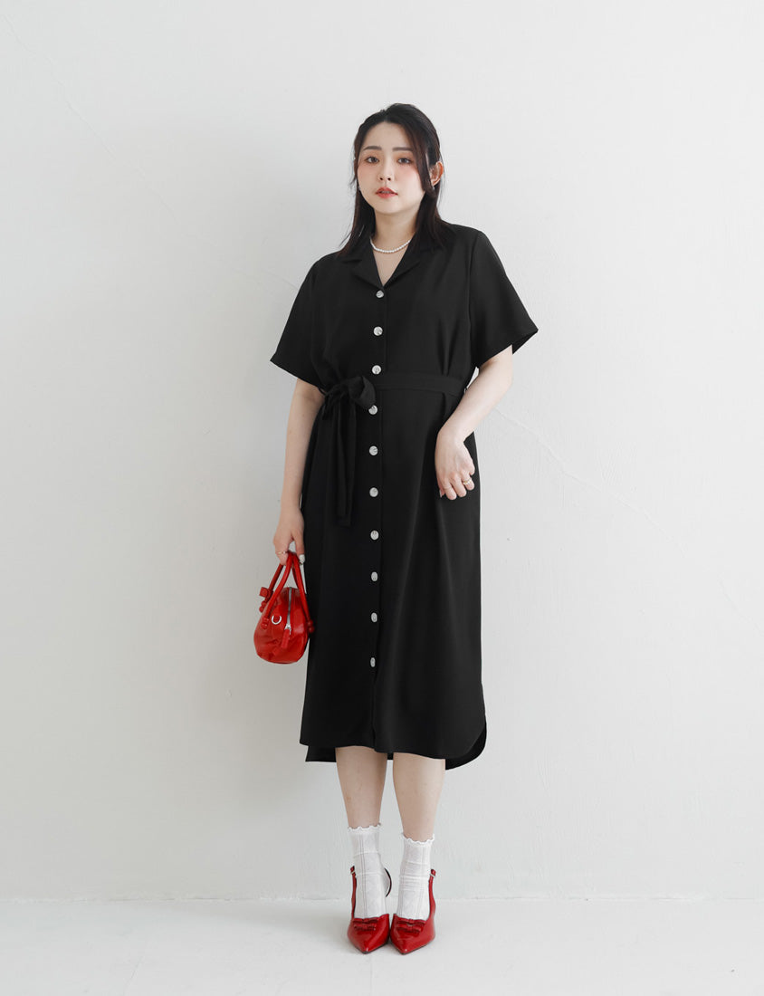MISS. Cuban Collar Chiffon Button Short Sleeve Dress (with Waist-Tie )