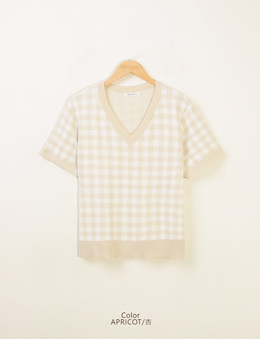Plaid V-Neck Knit Plus Size Short Sleeve Top