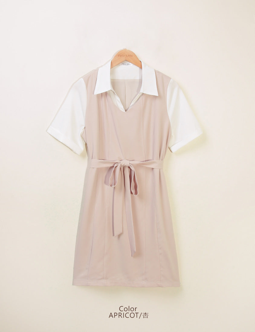 MISS. Faux Two-Piece Color-Block Stitching Plus Size Mini Dress (With Belt)
