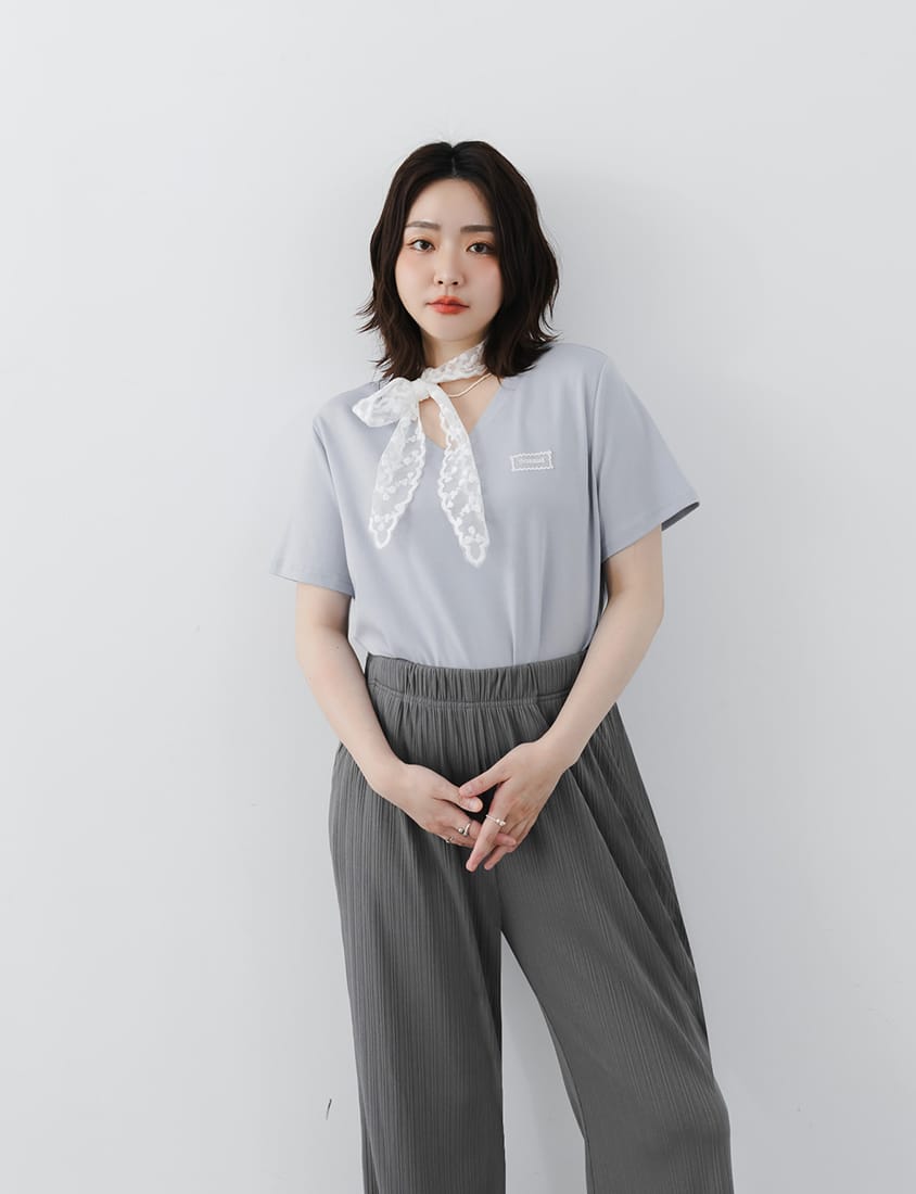 MISS. Cooling V-Neck Lace Plus Size Embroidered Tee (with Scarf)