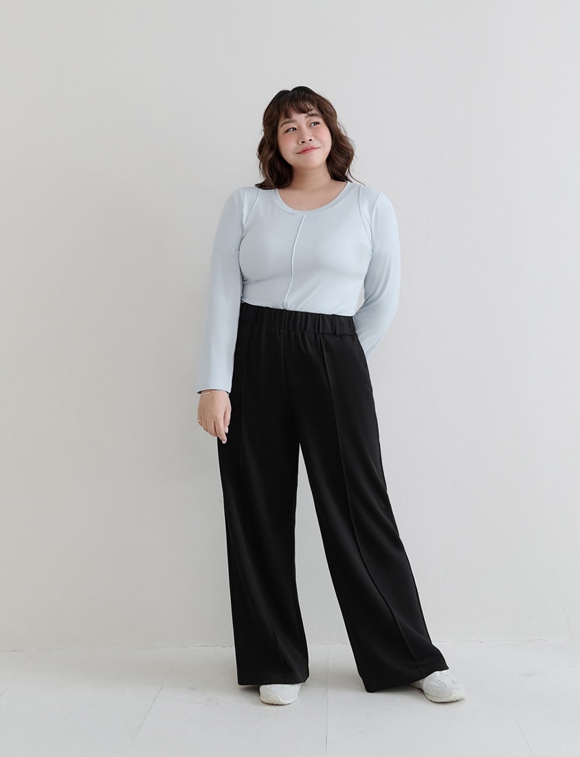 Crewneck 3D Pleated Plus Size Long Sleeve Tee