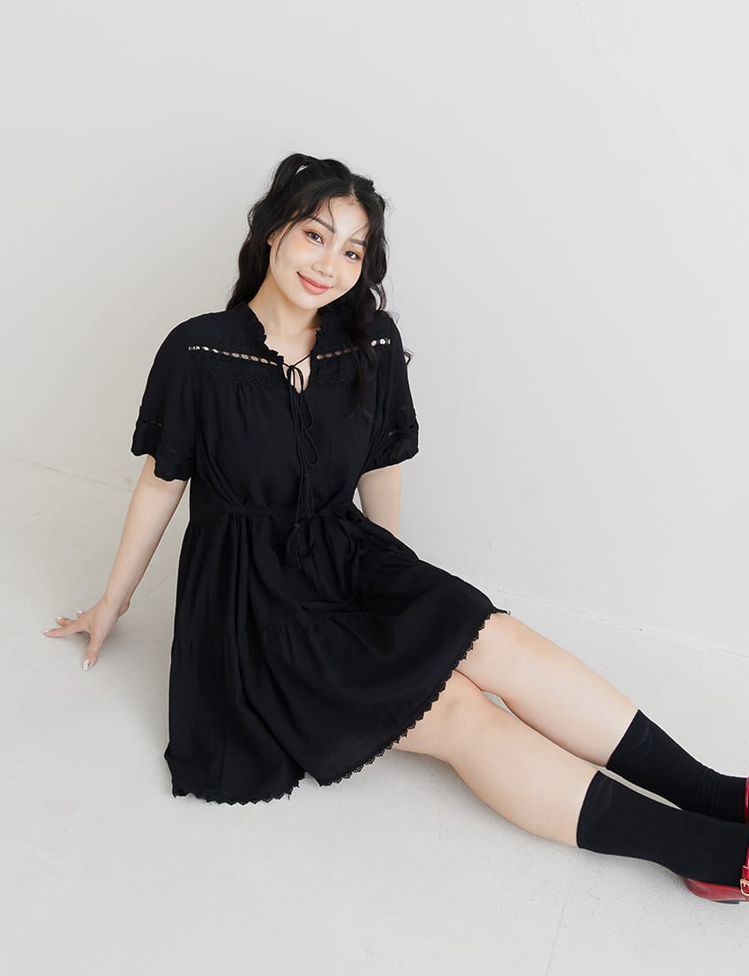 Intricate Lace Tie-Waist Flare Plus Size Mini Dress