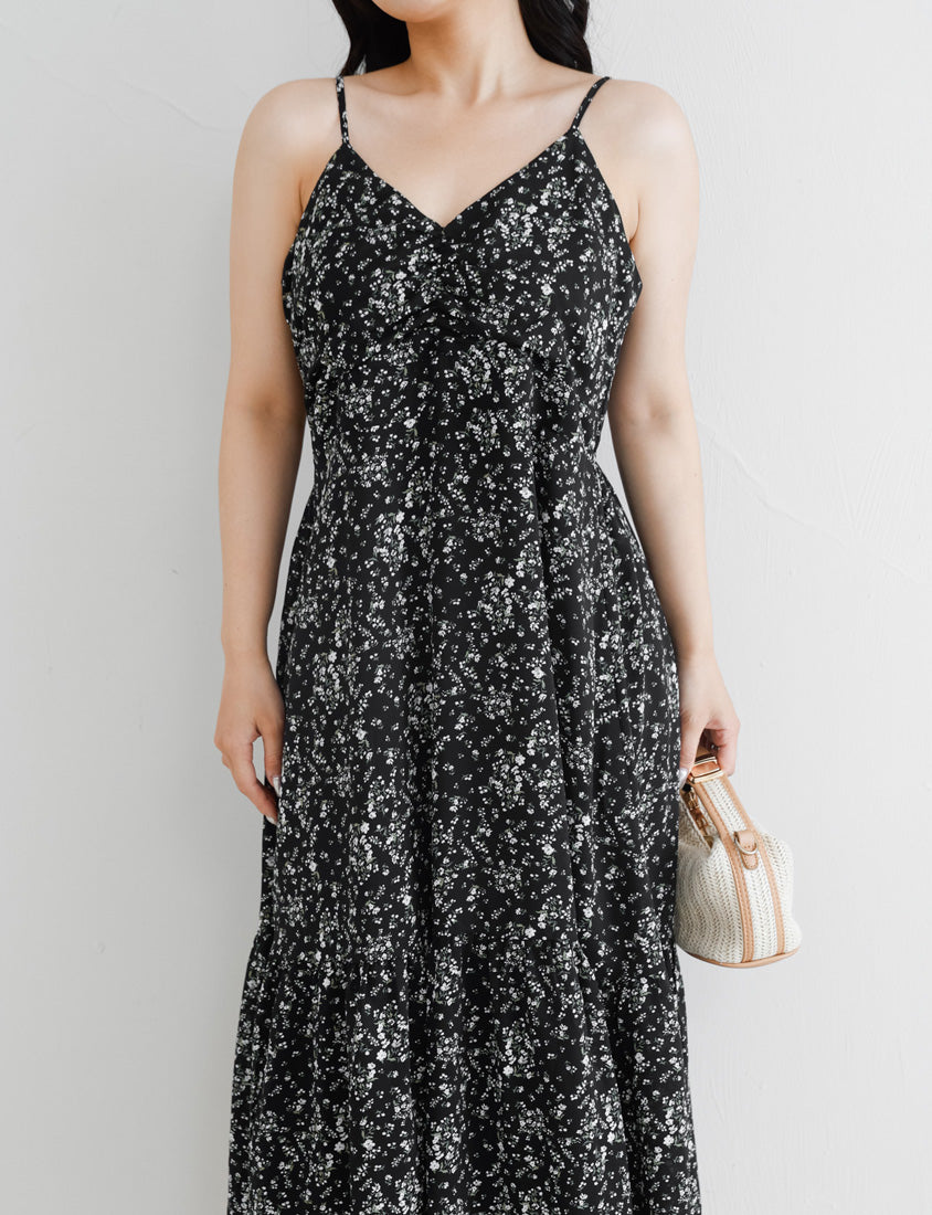 Ruched Floral Flared Hem Plus Size Cami Strap Dress