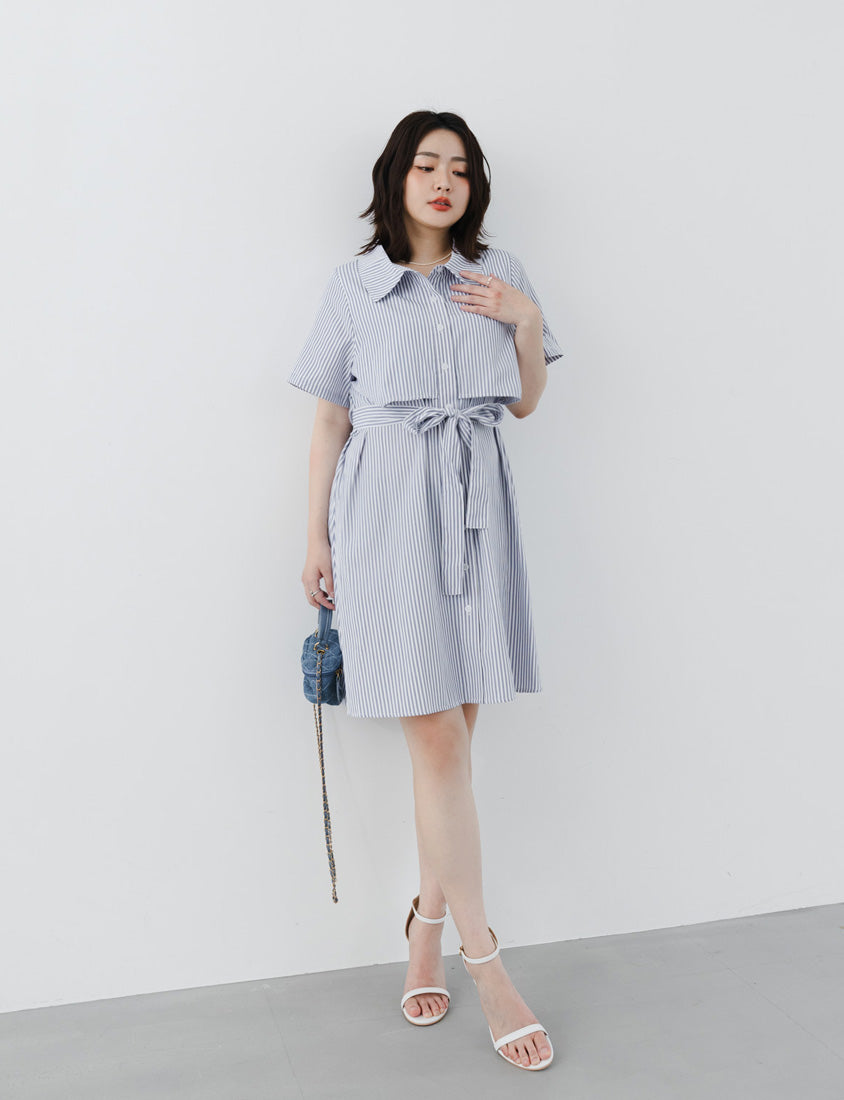 MISS. Japanese Style Striped Layered Plus Size Shirt Dress (with Belt)