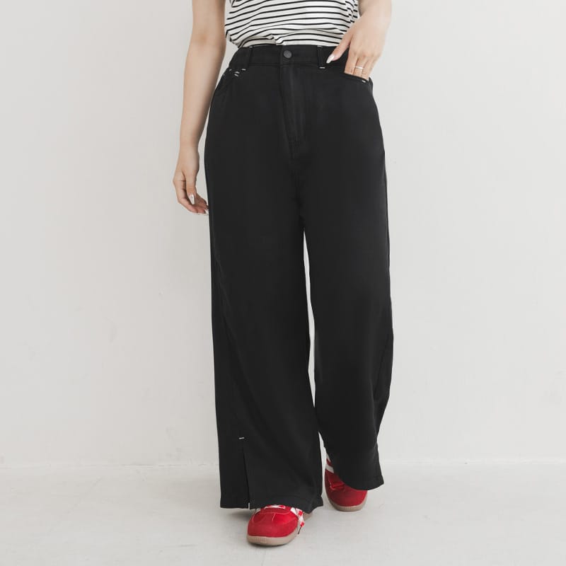 Lyocell Cooling Contrast Stitch Slit Plus Size Wide-Leg Pants