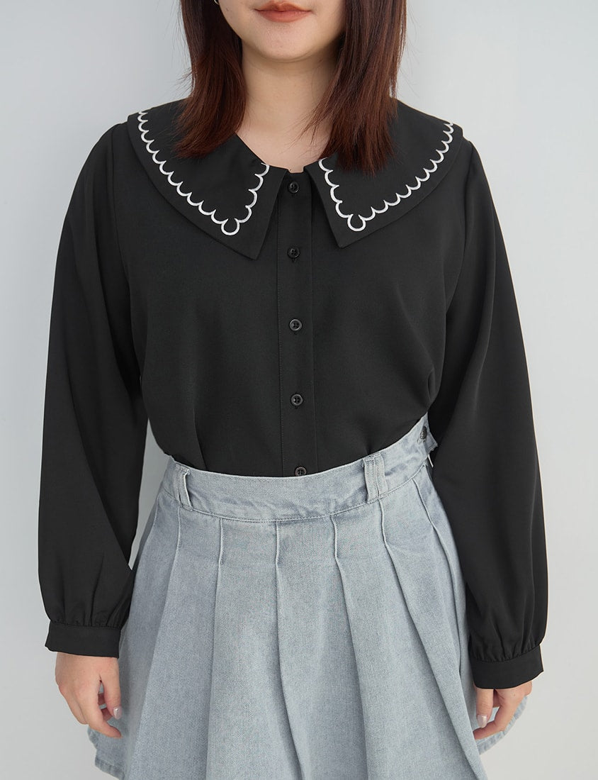 Contrast Embroidered Oversized Collar Plus Size Long Sleeve Shirt