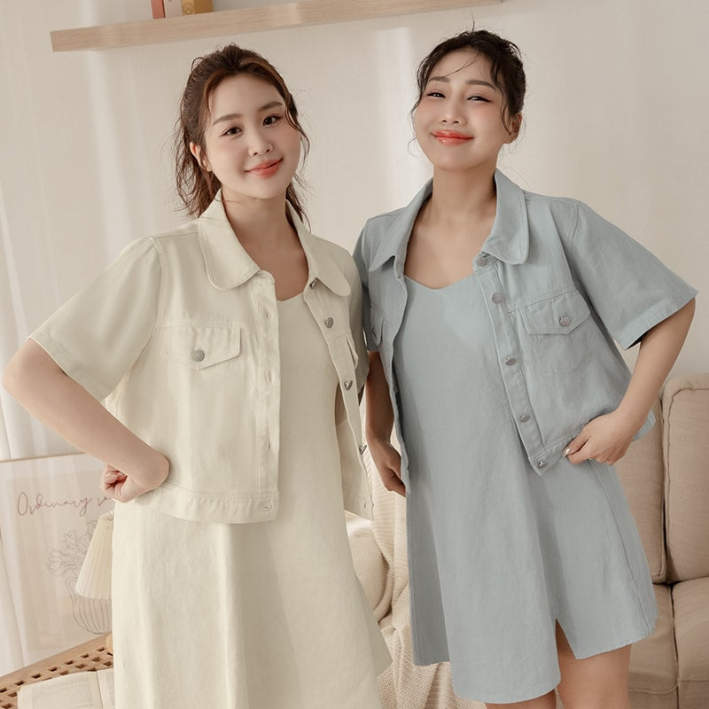 Korean Style Twill Button-Down Plus Size Short Sleeve Jacket