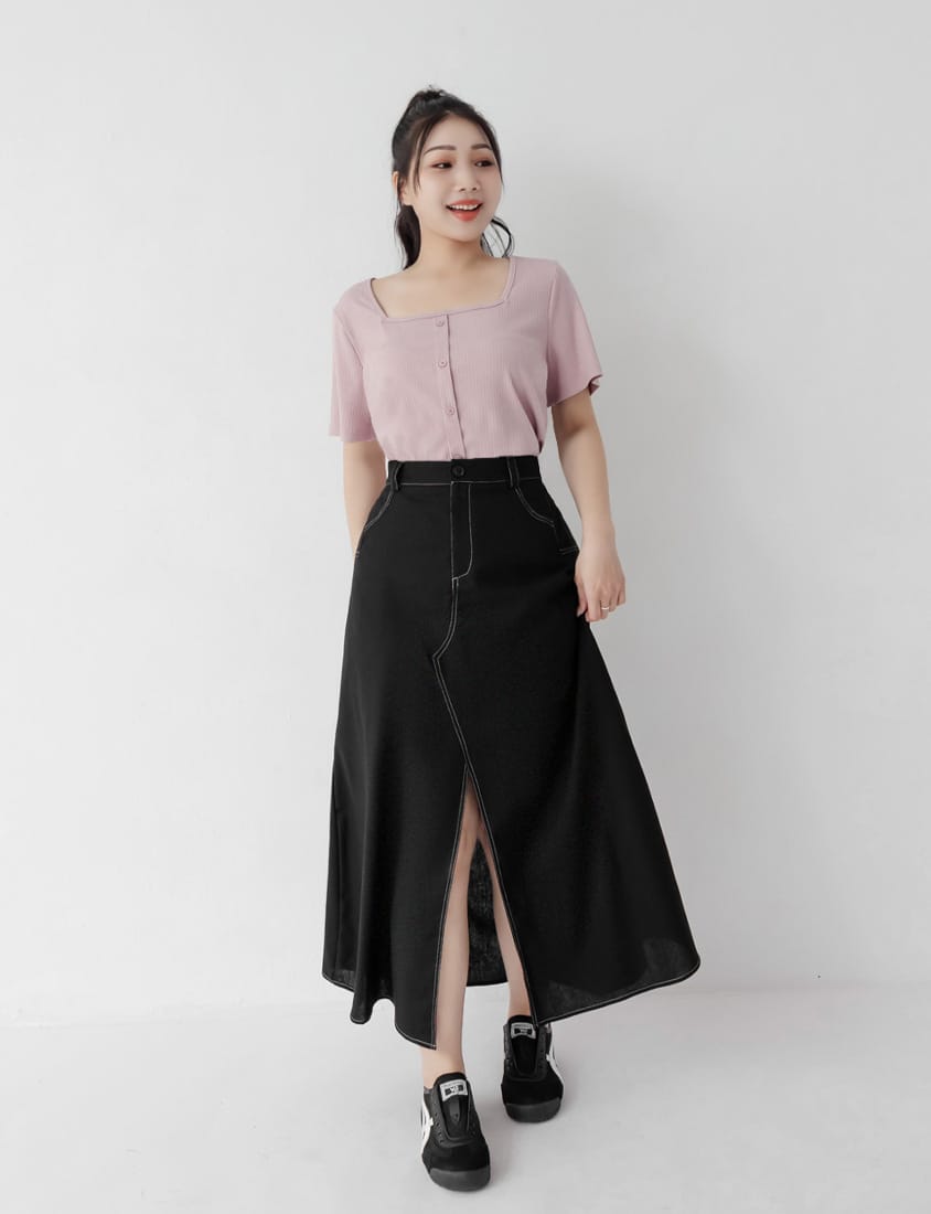 Multi-Color Ribbed Square Neck Faux Button Plus Size Top