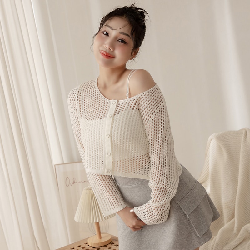 Knit Eyelet Hollow Faux Button Plus Size Top