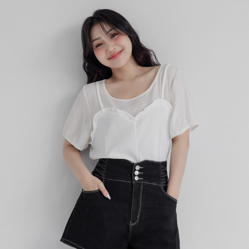 Faux Two-Piece Ruffle-Trim Layered-Look Plus Size Peplum Blouse