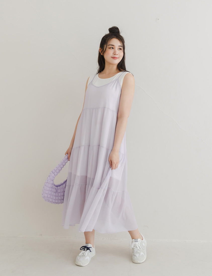 Two Piece Sheer Crinkled Tiered Plus Size Maxi Dress (with Inner Tank)