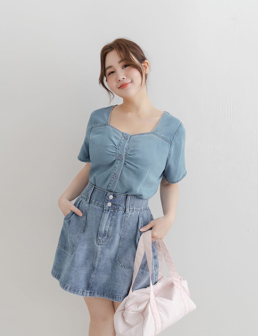 Waist-Cinching A-Line Plus Size Denim Skirt (With Shorts)