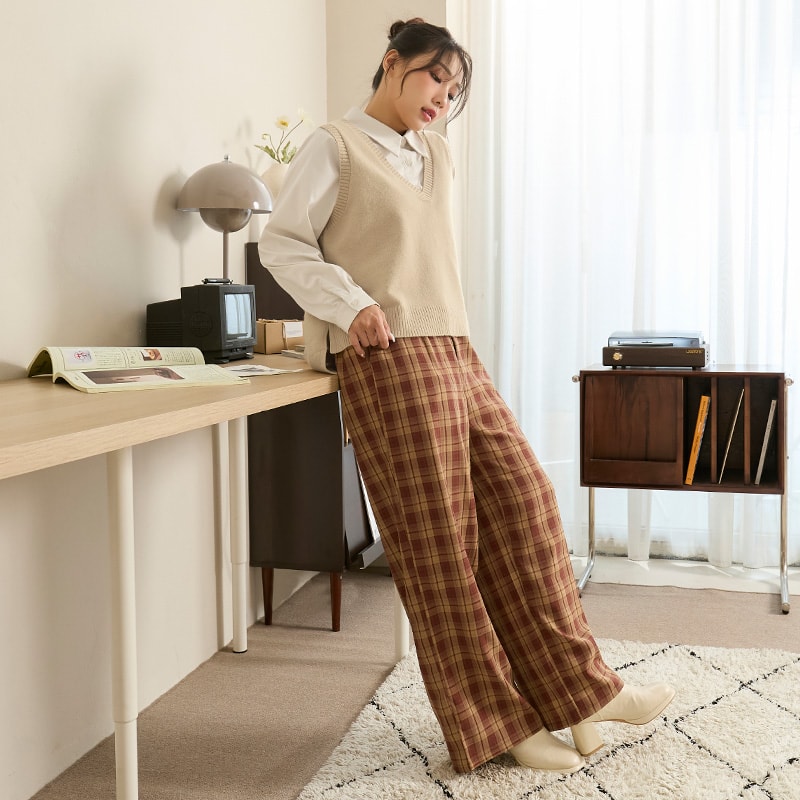 Cozy Plaid Back Elastic Waist Plus Size Tailored Pants