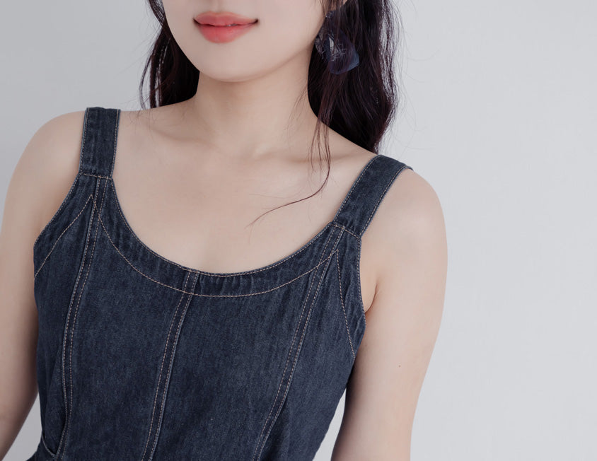 Adjustable Back Elastic Waist Plus Size Denim Mini Dress