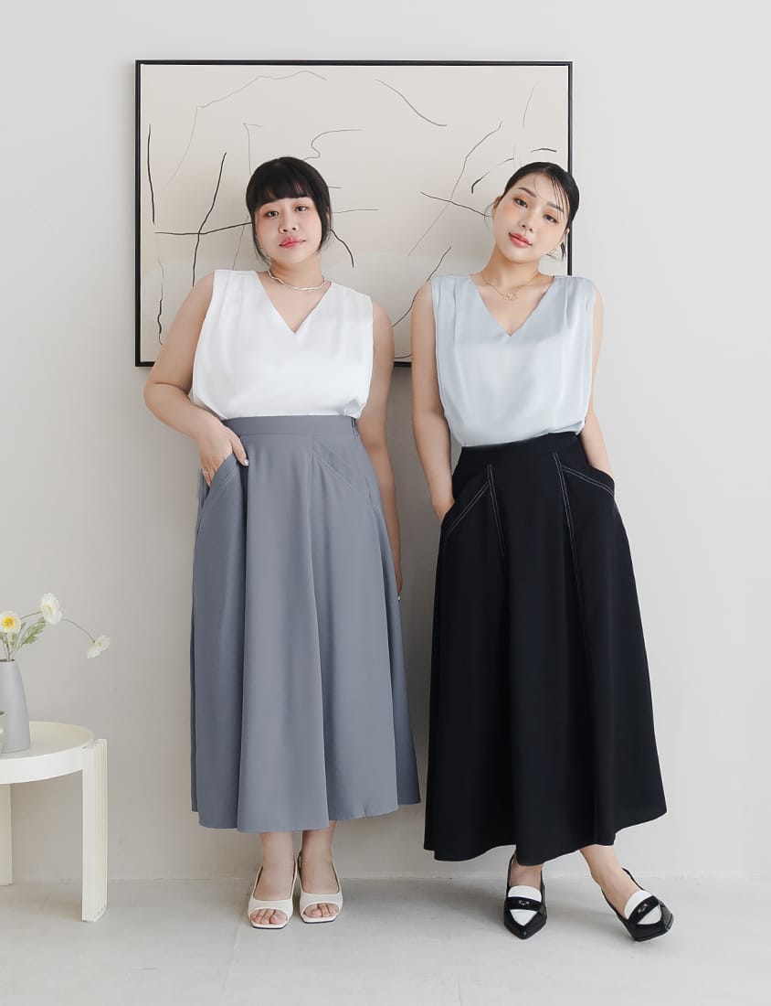 MISS. Subtle Sheen V-Neck Wide Strap Plus Size Pleated Tank